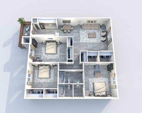 A 3D floor plan of a house with two bedrooms, a living room, a kitchen, and a bathroom.